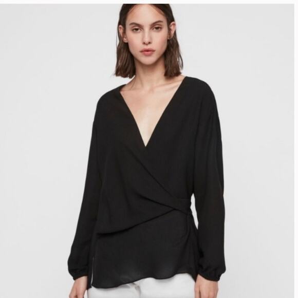Allsaints Black Sheer Mia Wrap Blouse Small - Picture 1 of 8